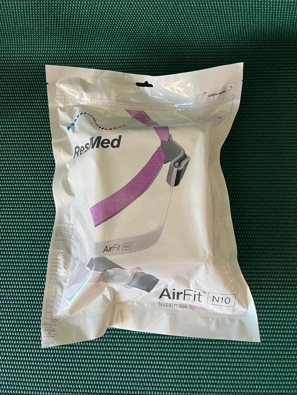 New AirFit N10 Nasal Mask 63201 with Purple Headgear in Clear Packaging